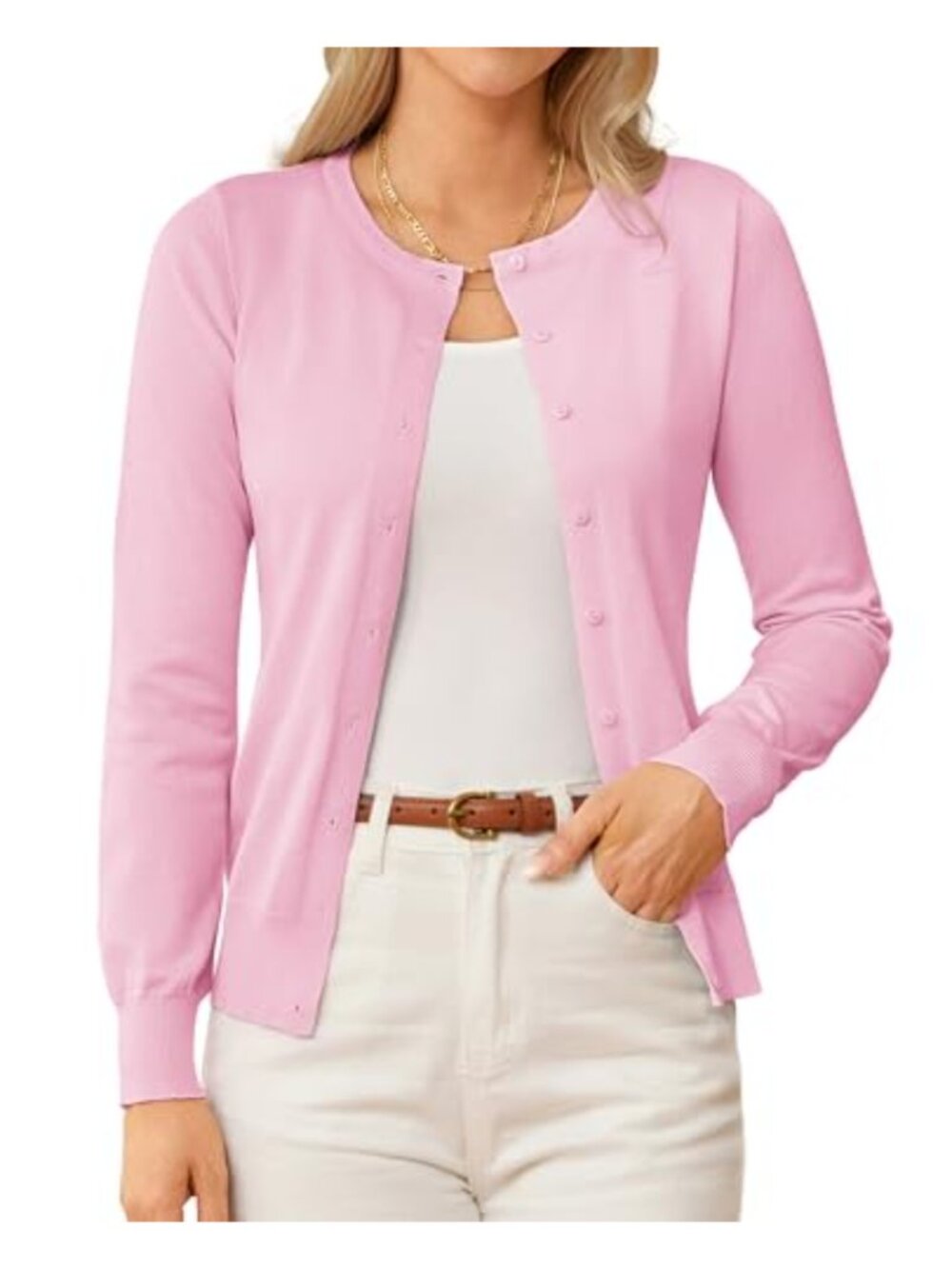 Knit Button Down Cardigan Sweater Lightweight Crew Neck Long Sleeve
